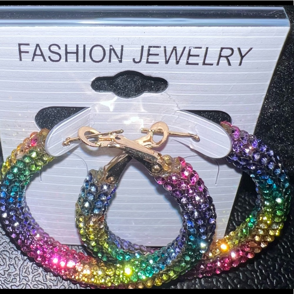 Rainbow Rhinestone Hoop Earrings